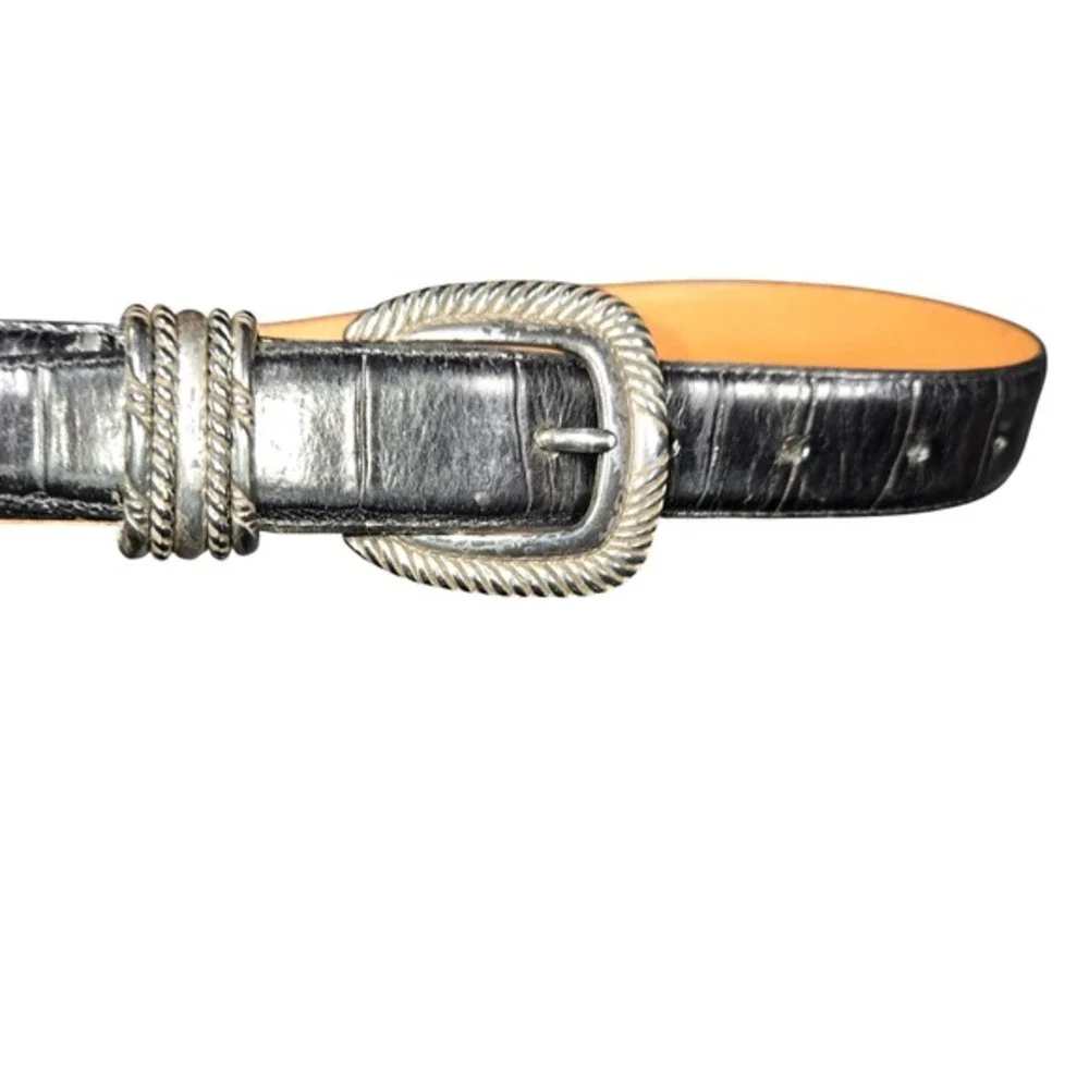 Brighton Womens Black Croc Leather Western Belt‎ Silver Rope Buckle A3193